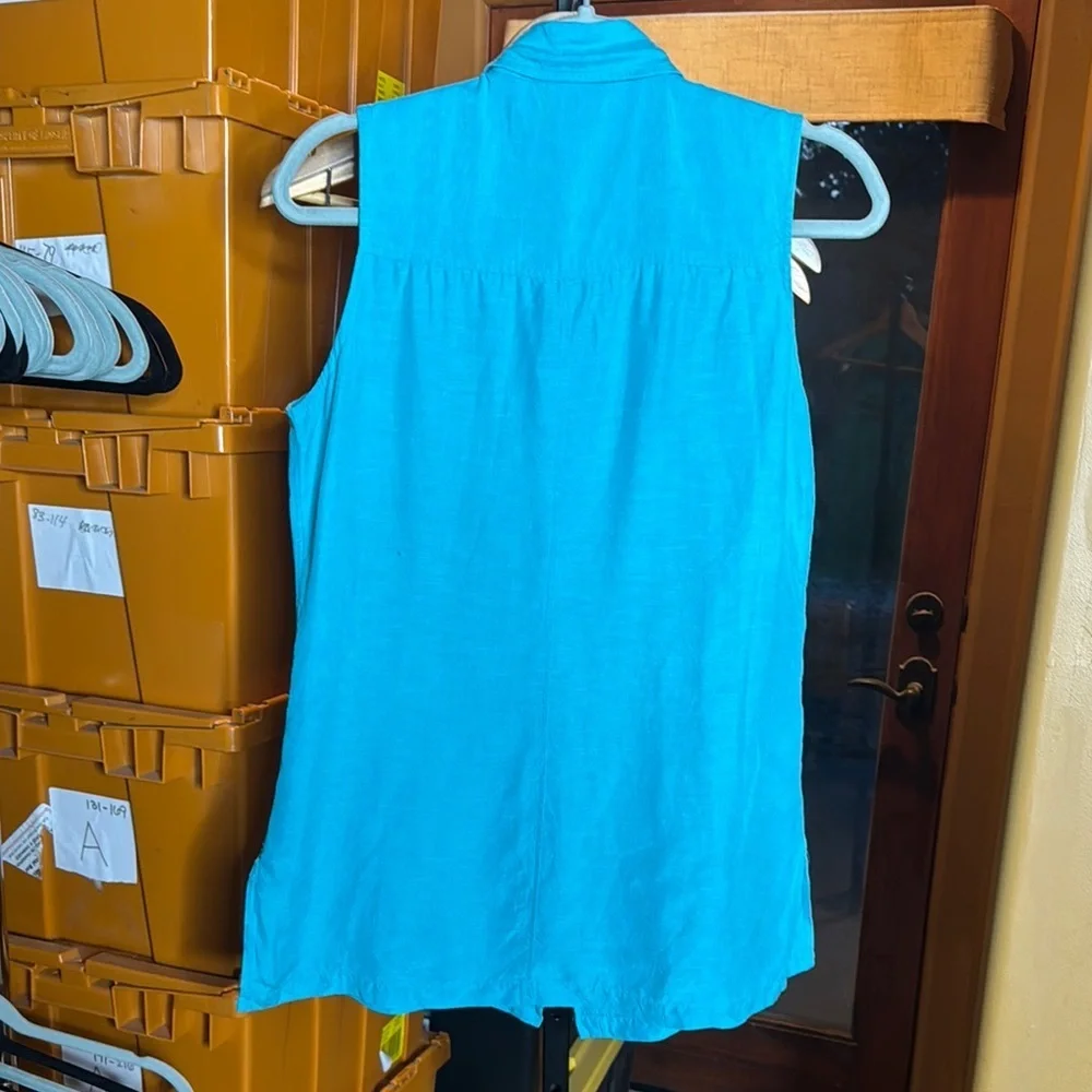 New York & Company Silk Linen Teal Sleeveless Button Down Top Size Medium